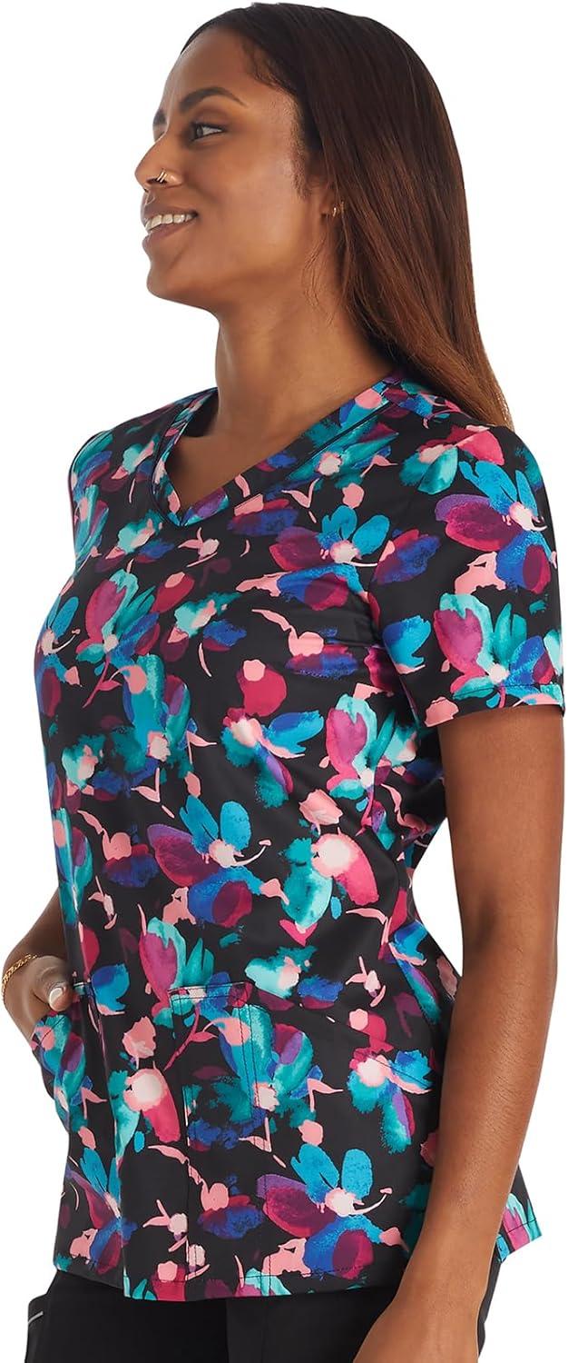 imageCherokee Scrubs for Women VNeck Printed Top Modern Classic Fit with 3 Pockets Knit Details amp Side Vents CK678Brushing Blooms