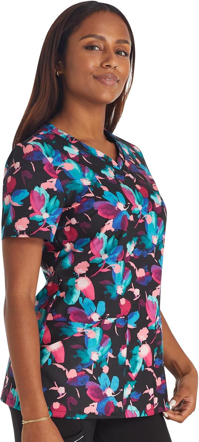 imageCherokee Scrubs for Women VNeck Printed Top Modern Classic Fit with 3 Pockets Knit Details amp Side Vents CK678Brushing Blooms