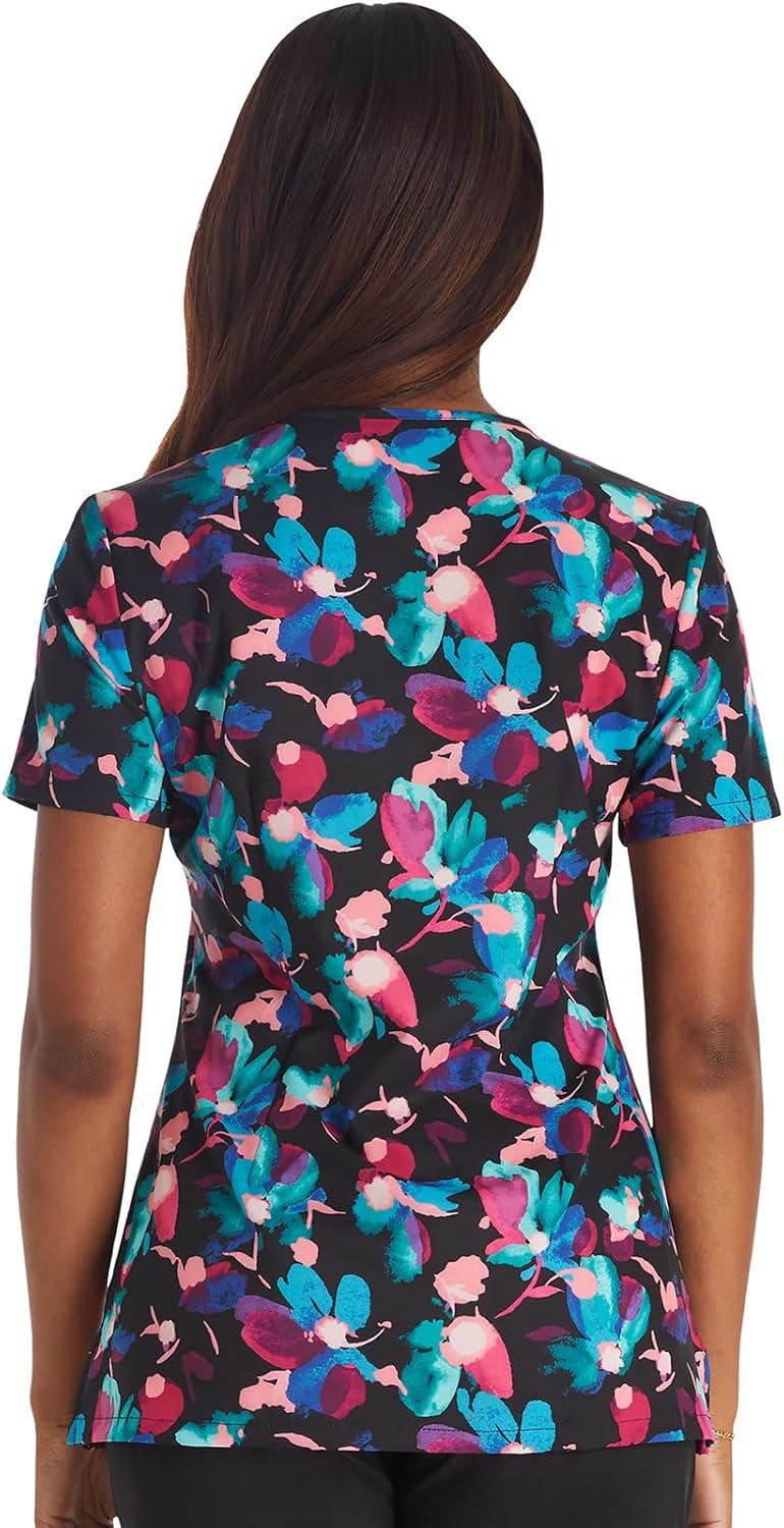 imageCherokee Scrubs for Women VNeck Printed Top Modern Classic Fit with 3 Pockets Knit Details amp Side Vents CK678Brushing Blooms