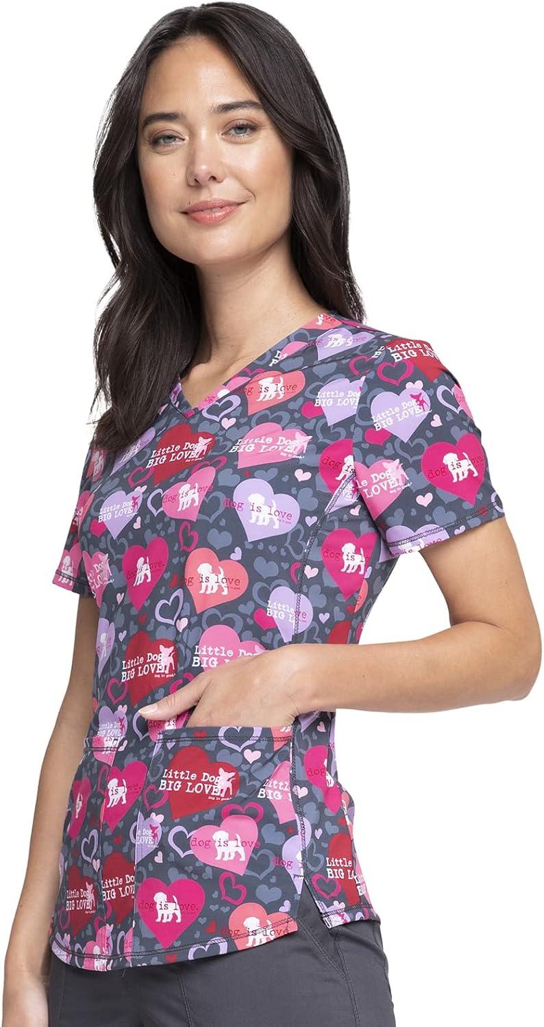 imageCherokee Scrubs for Women VNeck Printed Top Modern Classic Fit with 3 Pockets Knit Details amp Side Vents CK678Dog is Love