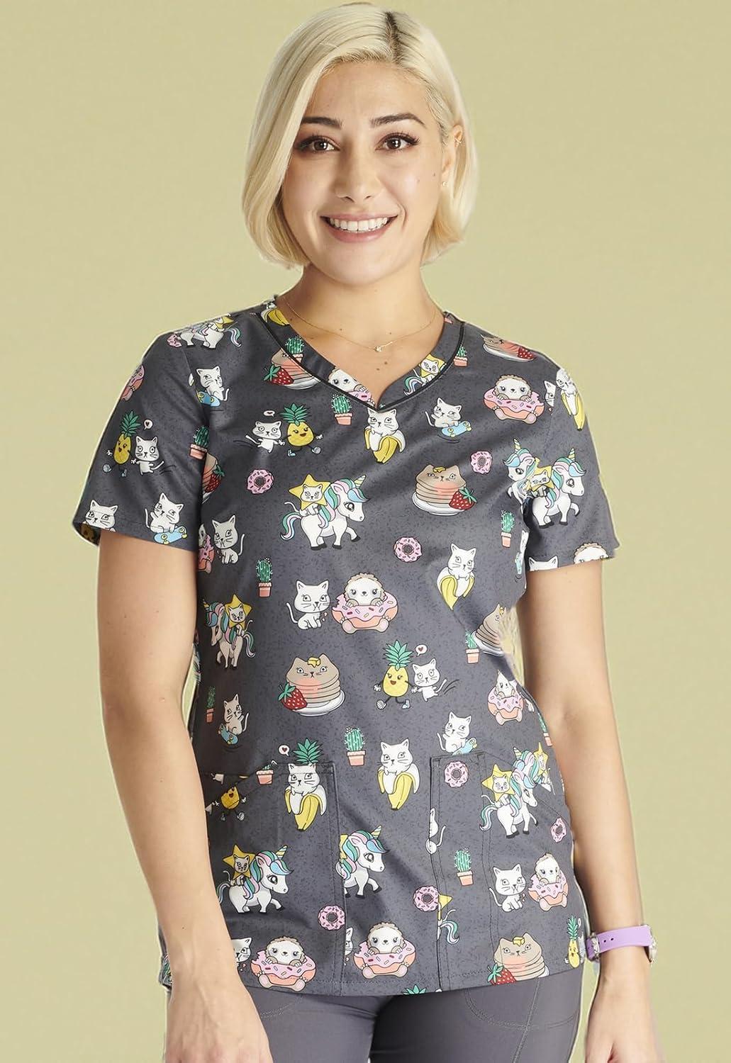 imageCherokee Scrubs for Women VNeck Printed Top Modern Classic Fit with 3 Pockets Knit Details amp Side Vents CK678Feline Friendly