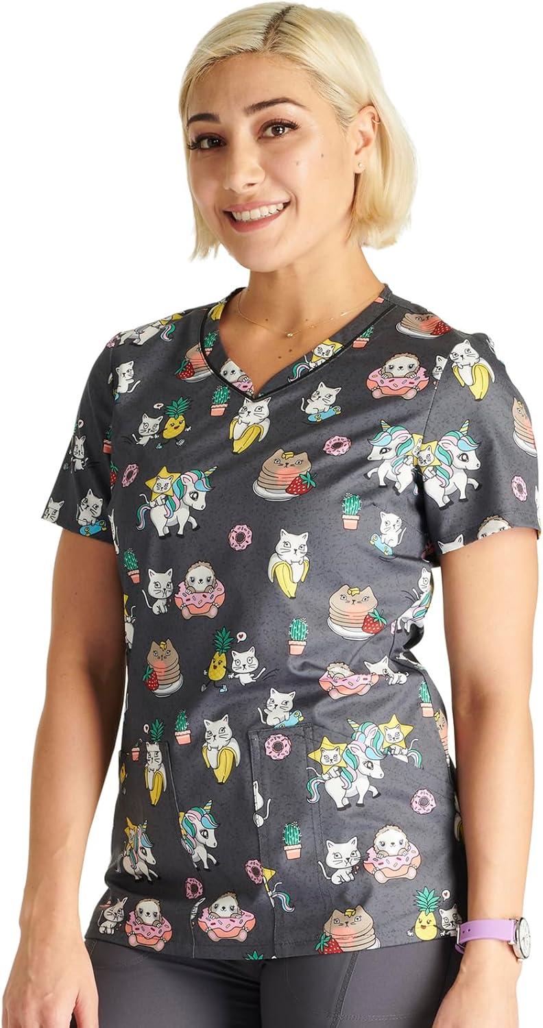 imageCherokee Scrubs for Women VNeck Printed Top Modern Classic Fit with 3 Pockets Knit Details amp Side Vents CK678Feline Friendly