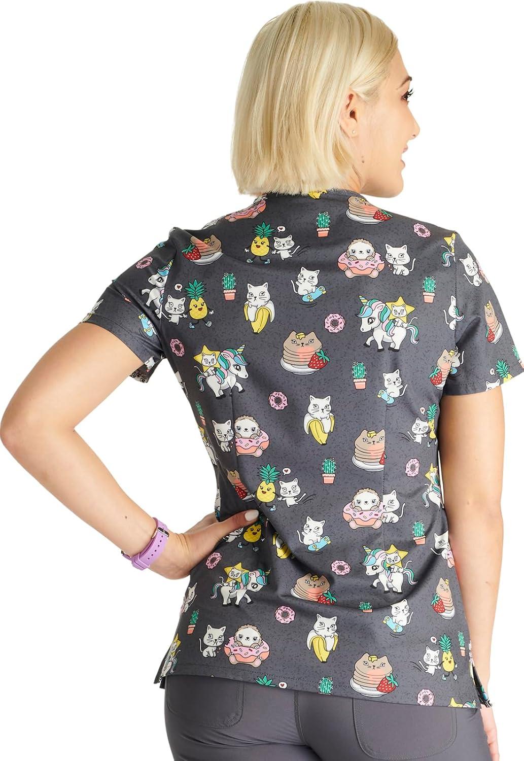 imageCherokee Scrubs for Women VNeck Printed Top Modern Classic Fit with 3 Pockets Knit Details amp Side Vents CK678Feline Friendly