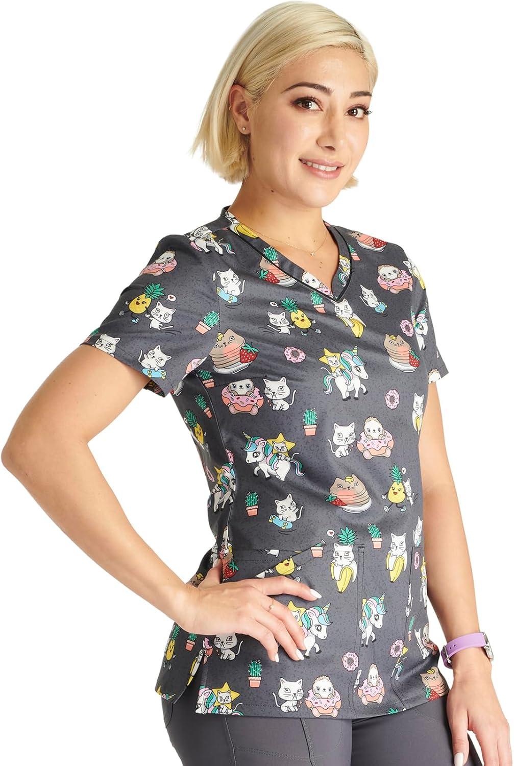 imageCherokee Scrubs for Women VNeck Printed Top Modern Classic Fit with 3 Pockets Knit Details amp Side Vents CK678Feline Friendly