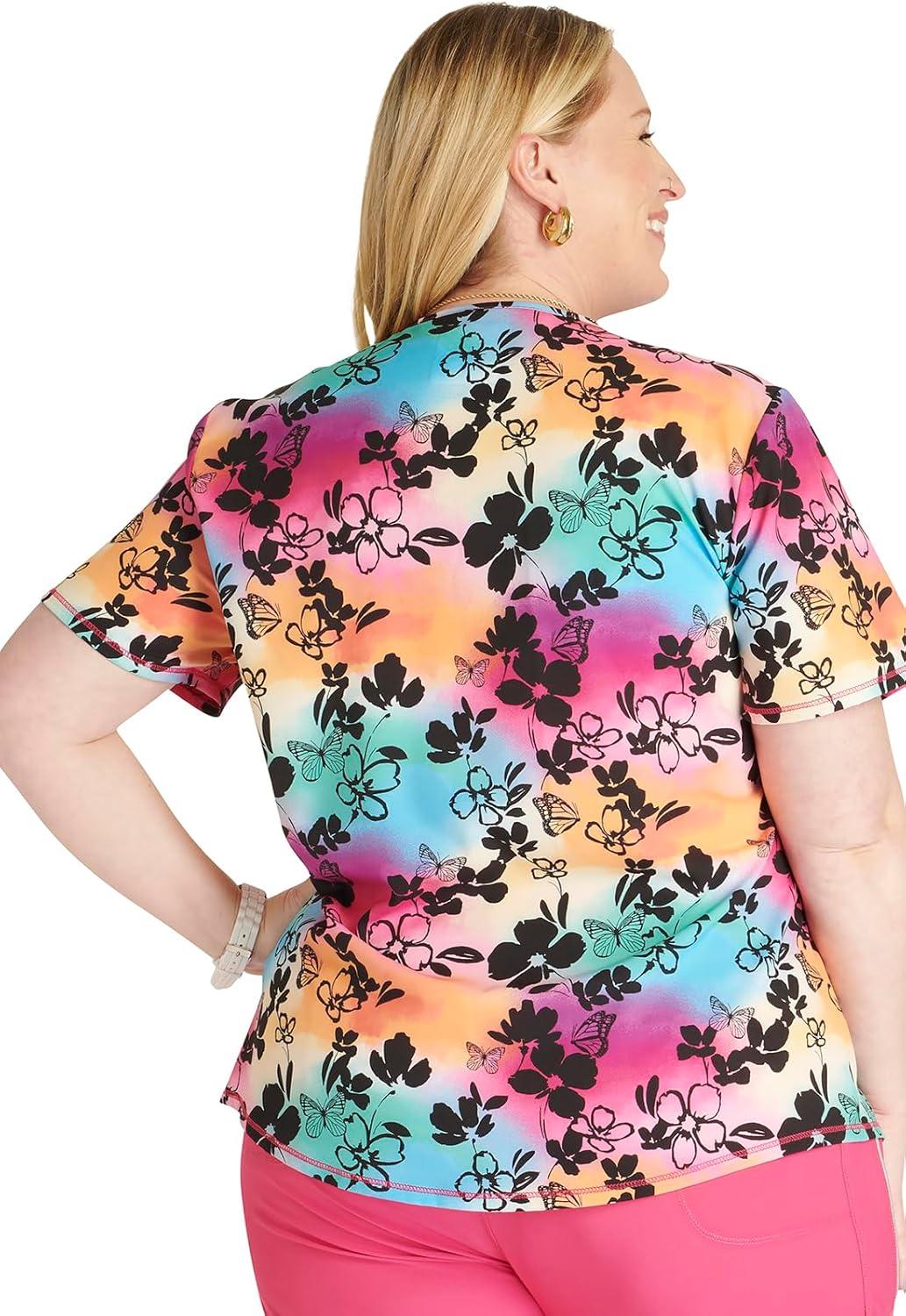 imageCherokee Scrubs for Women VNeck Printed Top Modern Classic Fit with 3 Pockets Knit Details amp Side Vents CK678Garden Rainbow