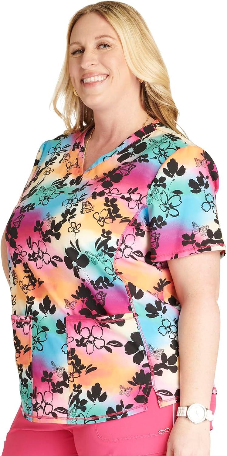 imageCherokee Scrubs for Women VNeck Printed Top Modern Classic Fit with 3 Pockets Knit Details amp Side Vents CK678Garden Rainbow