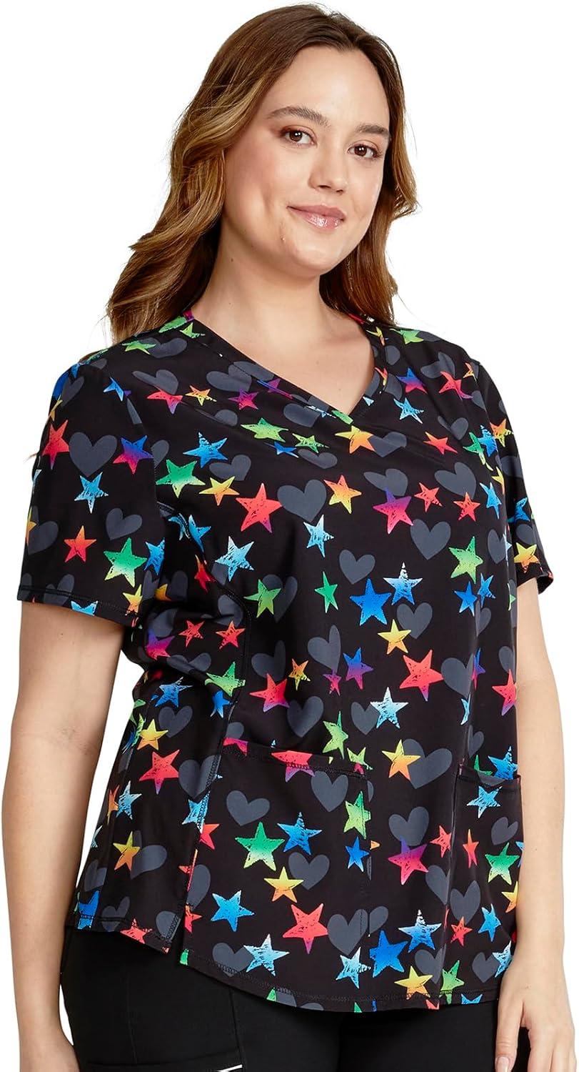 imageCherokee Scrubs for Women VNeck Printed Top Modern Classic Fit with 3 Pockets Knit Details amp Side Vents CK678Loving Stars
