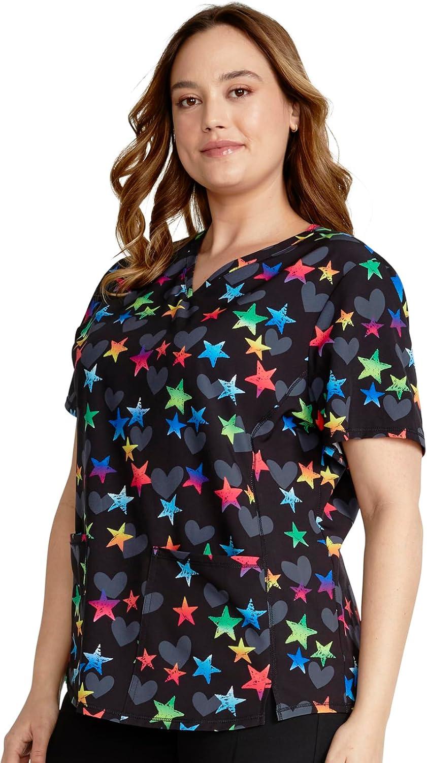 imageCherokee Scrubs for Women VNeck Printed Top Modern Classic Fit with 3 Pockets Knit Details amp Side Vents CK678Loving Stars
