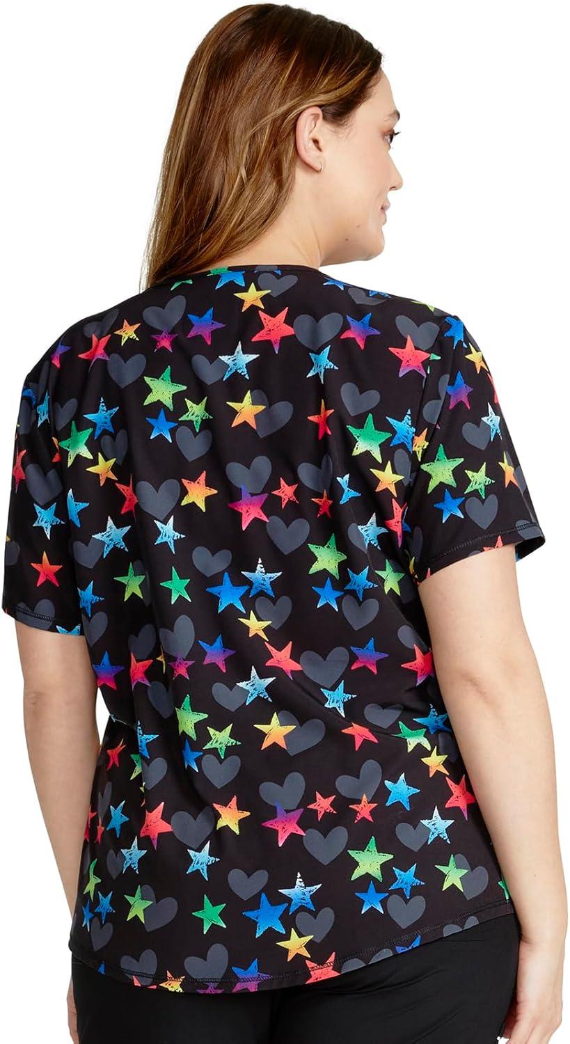 imageCherokee Scrubs for Women VNeck Printed Top Modern Classic Fit with 3 Pockets Knit Details amp Side Vents CK678Loving Stars