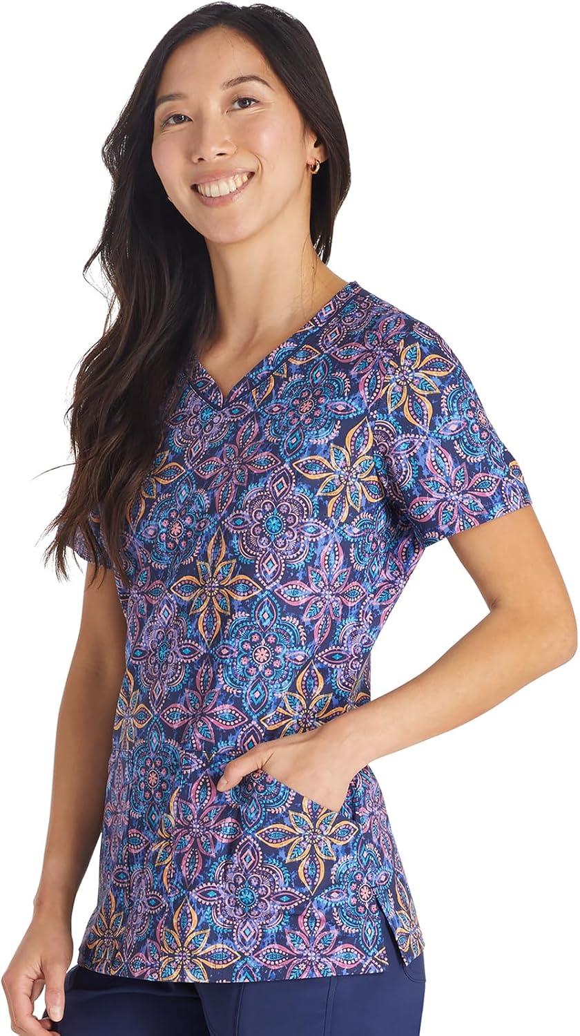 imageCherokee Scrubs for Women VNeck Printed Top Modern Classic Fit with 3 Pockets Knit Details amp Side Vents CK678One in a Medallion