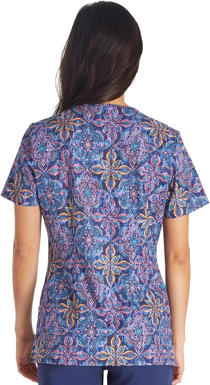 imageCherokee Scrubs for Women VNeck Printed Top Modern Classic Fit with 3 Pockets Knit Details amp Side Vents CK678One in a Medallion