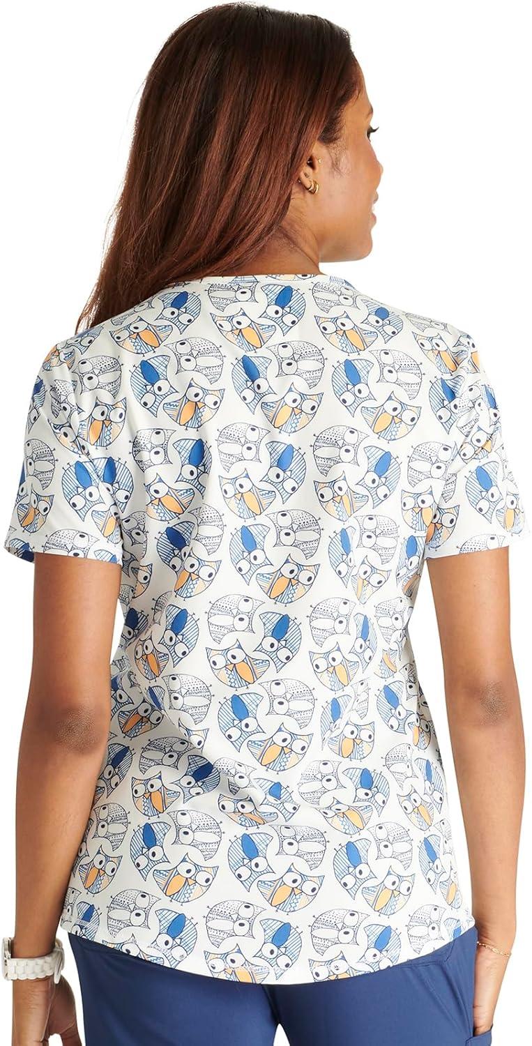 imageCherokee Scrubs for Women VNeck Printed Top Modern Classic Fit with 3 Pockets Knit Details amp Side Vents CK678Owl Together Now