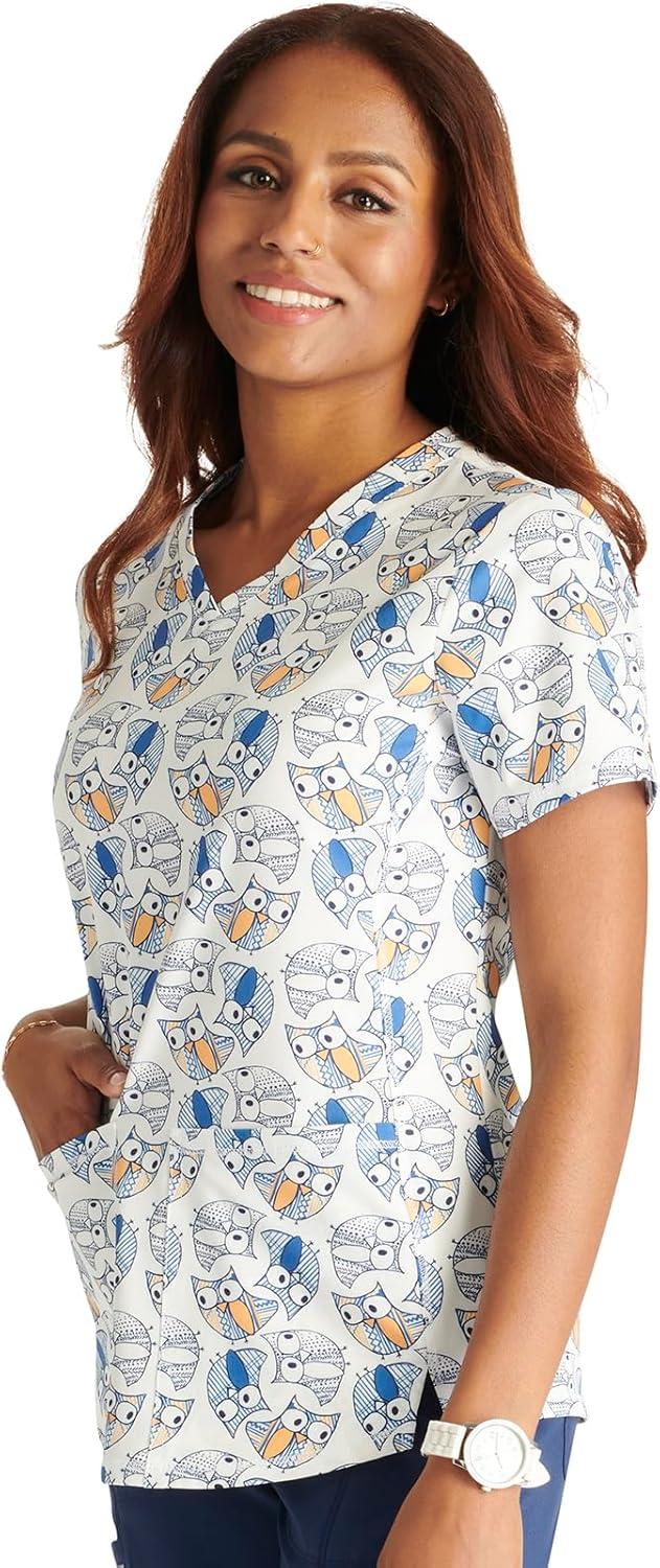 imageCherokee Scrubs for Women VNeck Printed Top Modern Classic Fit with 3 Pockets Knit Details amp Side Vents CK678Owl Together Now