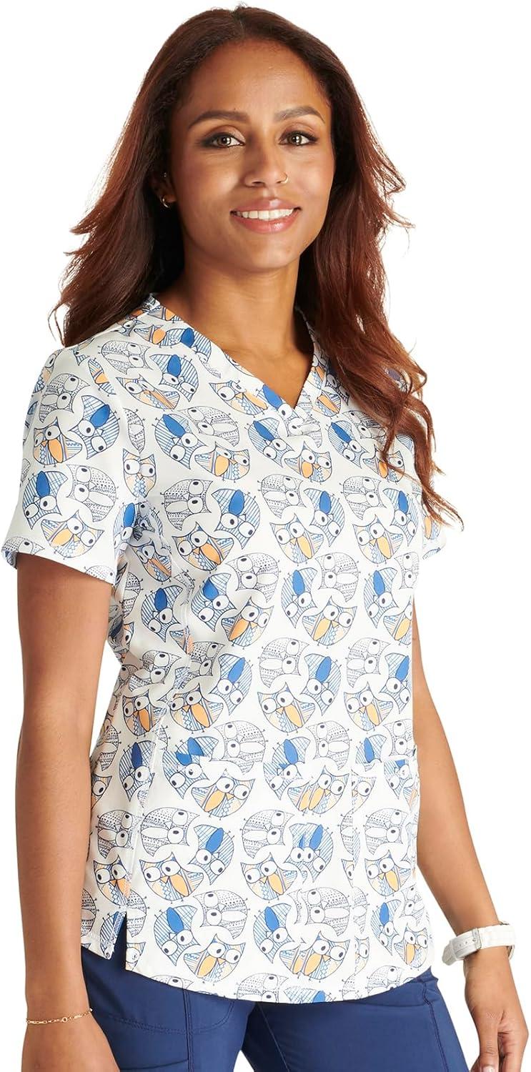 imageCherokee Scrubs for Women VNeck Printed Top Modern Classic Fit with 3 Pockets Knit Details amp Side Vents CK678Owl Together Now