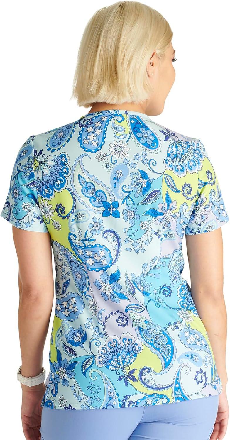 imageCherokee Scrubs for Women VNeck Printed Top Modern Classic Fit with 3 Pockets Knit Details amp Side Vents CK678Paisley Punch