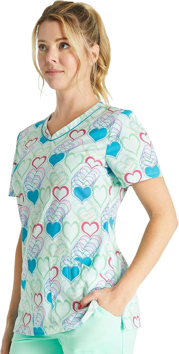 imageCherokee Scrubs for Women VNeck Printed Top Modern Classic Fit with 3 Pockets Knit Details amp Side Vents CK678Retro Romance