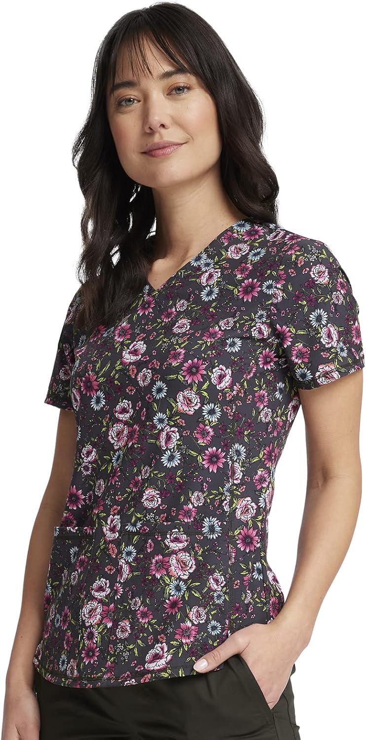 imageCherokee Scrubs for Women VNeck Printed Top Modern Classic Fit with 3 Pockets Knit Details amp Side Vents CK678Romantic Garden