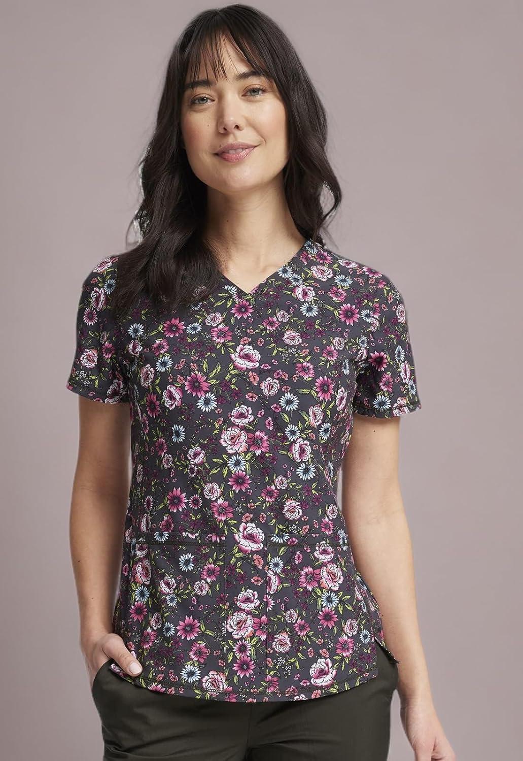 imageCherokee Scrubs for Women VNeck Printed Top Modern Classic Fit with 3 Pockets Knit Details amp Side Vents CK678Romantic Garden