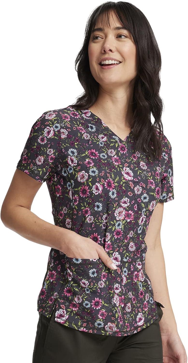 imageCherokee Scrubs for Women VNeck Printed Top Modern Classic Fit with 3 Pockets Knit Details amp Side Vents CK678Romantic Garden