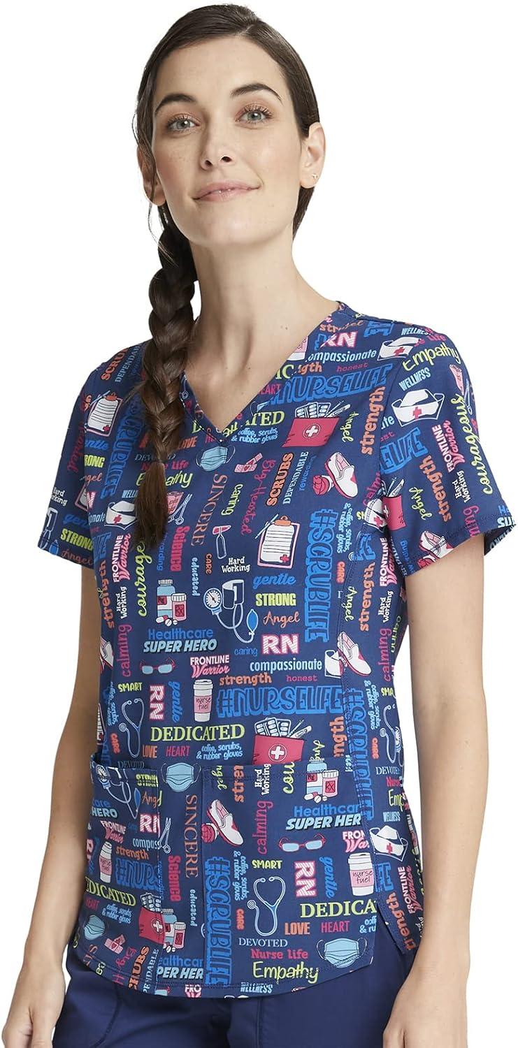 imageCherokee Scrubs for Women VNeck Printed Top Modern Classic Fit with 3 Pockets Knit Details amp Side Vents CK678Scrub Life