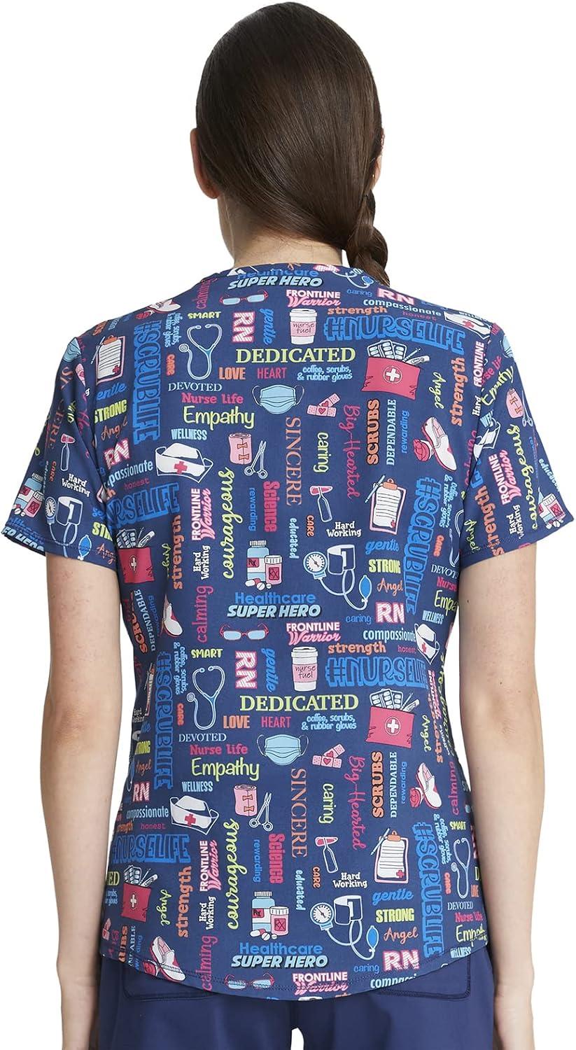 imageCherokee Scrubs for Women VNeck Printed Top Modern Classic Fit with 3 Pockets Knit Details amp Side Vents CK678Scrub Life