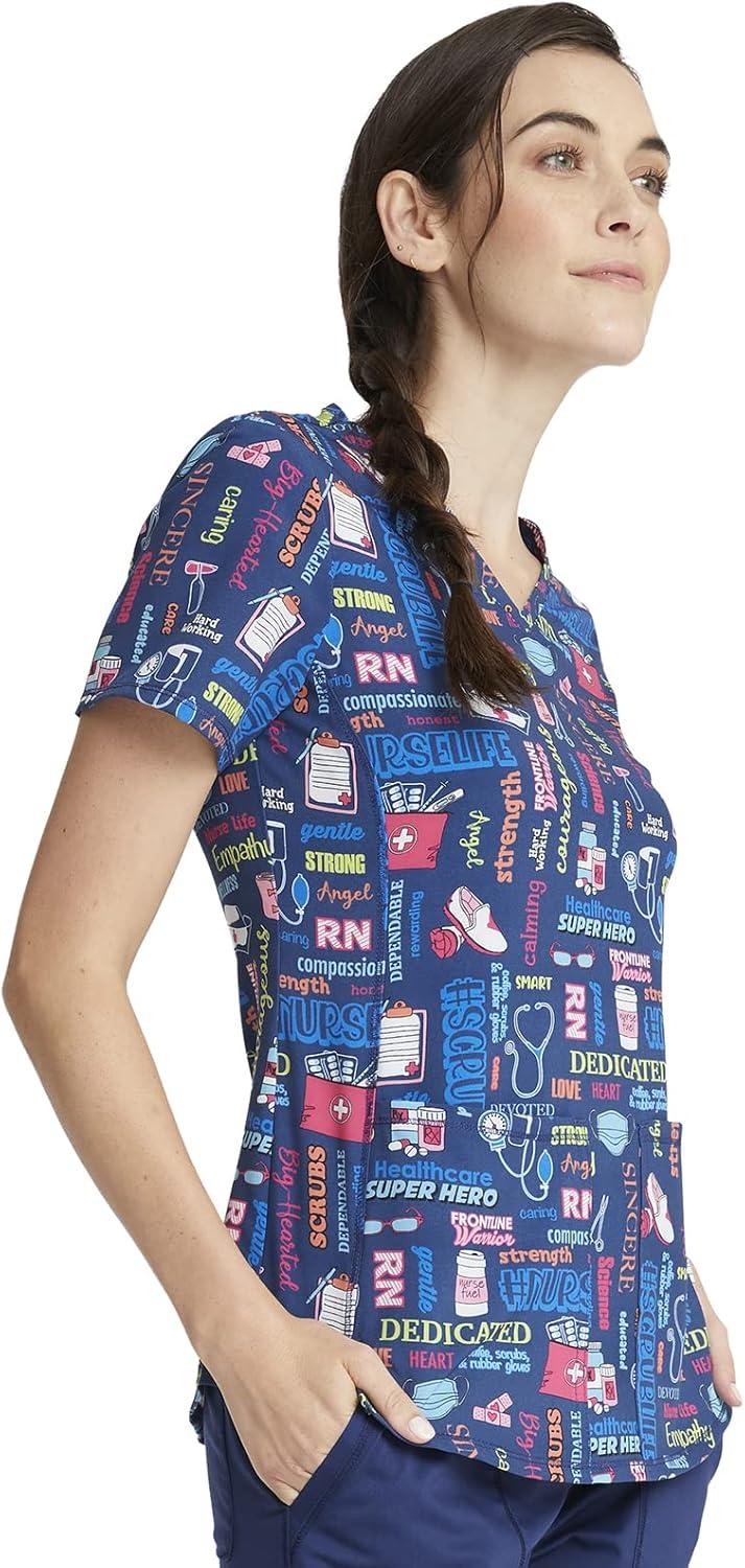 imageCherokee Scrubs for Women VNeck Printed Top Modern Classic Fit with 3 Pockets Knit Details amp Side Vents CK678Scrub Life
