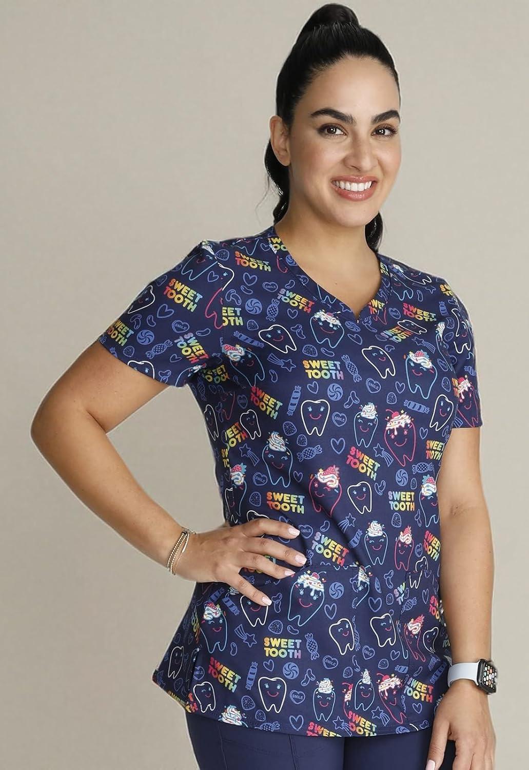 imageCherokee Scrubs for Women VNeck Printed Top Modern Classic Fit with 3 Pockets Knit Details amp Side Vents CK678Sweet Tooth