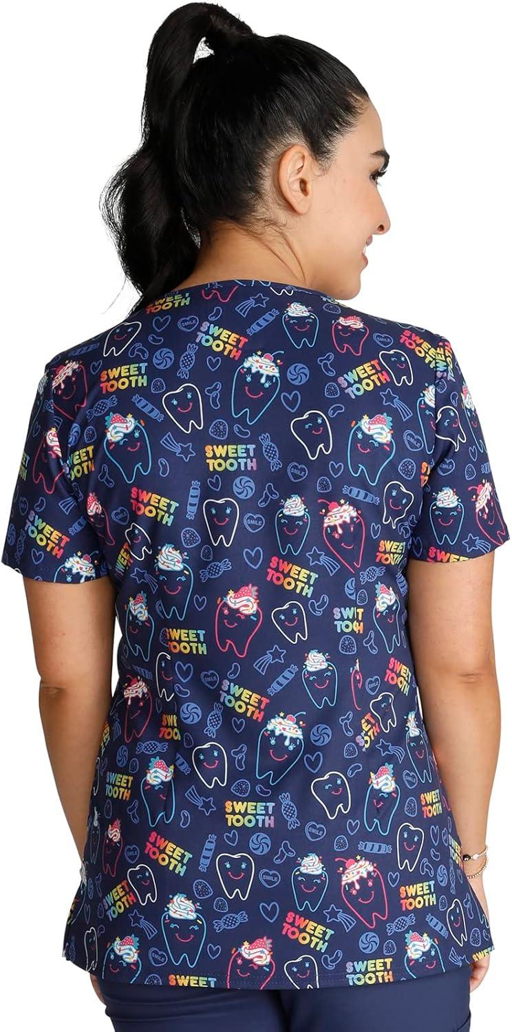 imageCherokee Scrubs for Women VNeck Printed Top Modern Classic Fit with 3 Pockets Knit Details amp Side Vents CK678Sweet Tooth