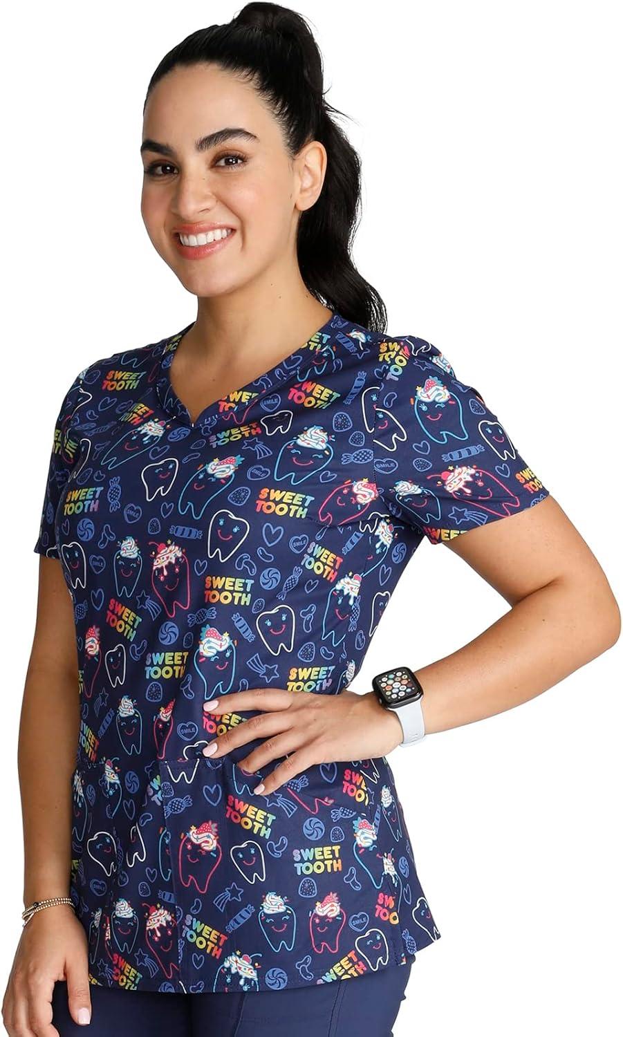 imageCherokee Scrubs for Women VNeck Printed Top Modern Classic Fit with 3 Pockets Knit Details amp Side Vents CK678Sweet Tooth