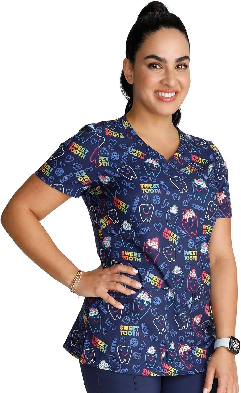 imageCherokee Scrubs for Women VNeck Printed Top Modern Classic Fit with 3 Pockets Knit Details amp Side Vents CK678Sweet Tooth