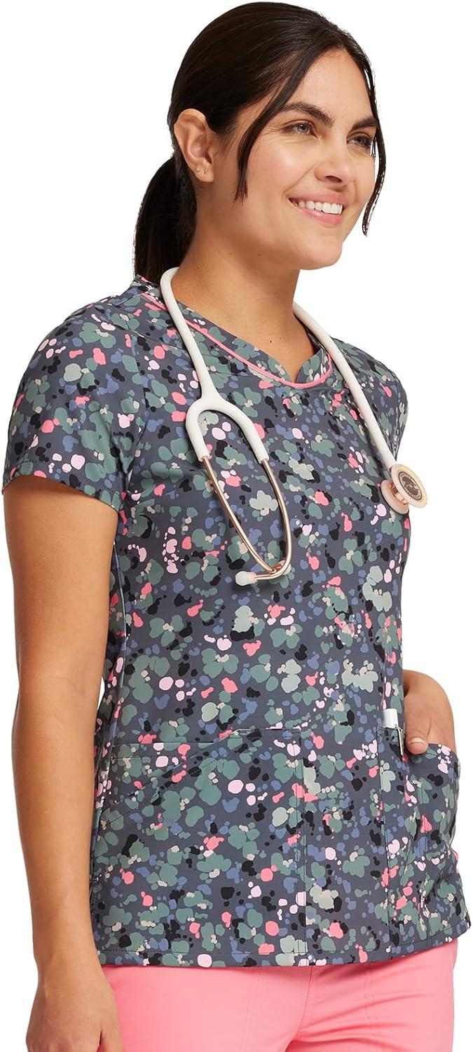 imageCherokee Scrubs for Women VNeck Printed Top Modern Classic Fit with 3 Pockets Knit Details amp Side Vents CK678What the Speck