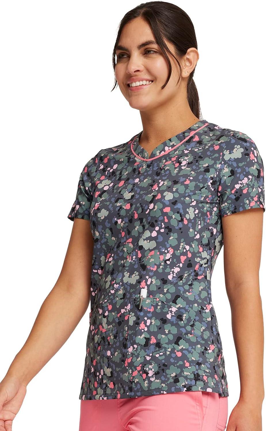 imageCherokee Scrubs for Women VNeck Printed Top Modern Classic Fit with 3 Pockets Knit Details amp Side Vents CK678What the Speck