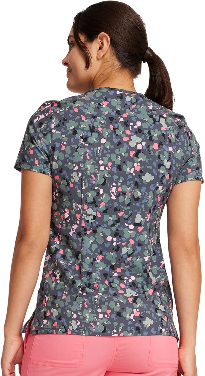 imageCherokee Scrubs for Women VNeck Printed Top Modern Classic Fit with 3 Pockets Knit Details amp Side Vents CK678What the Speck