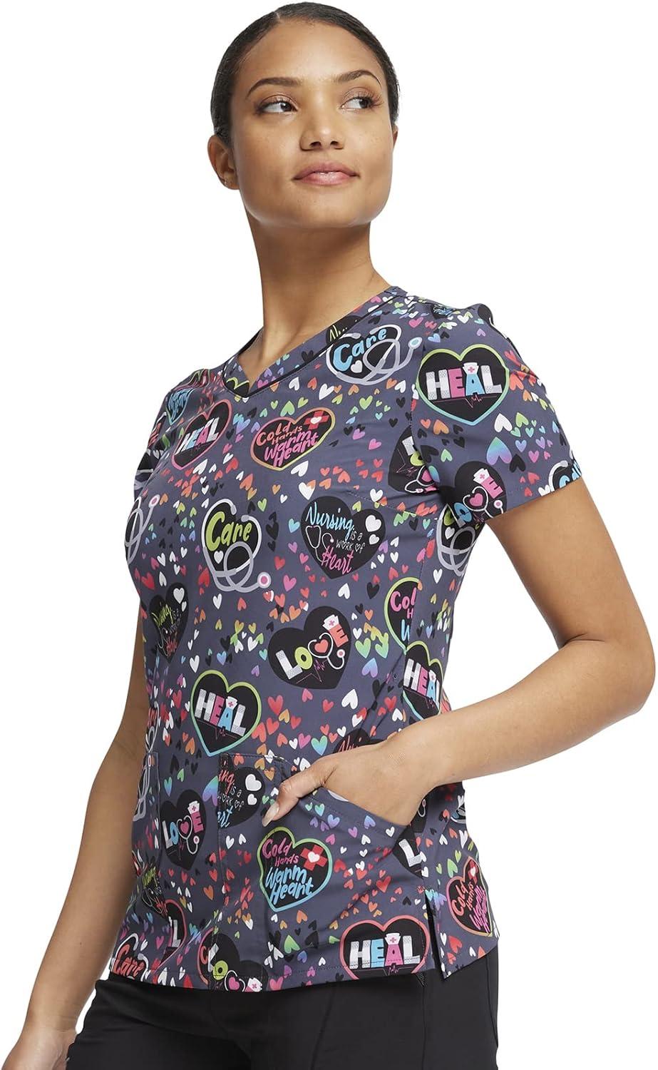 imageCherokee Scrubs for Women VNeck Printed Top Modern Classic Fit with 3 Pockets Knit Details amp Side Vents CK678Work of Heart