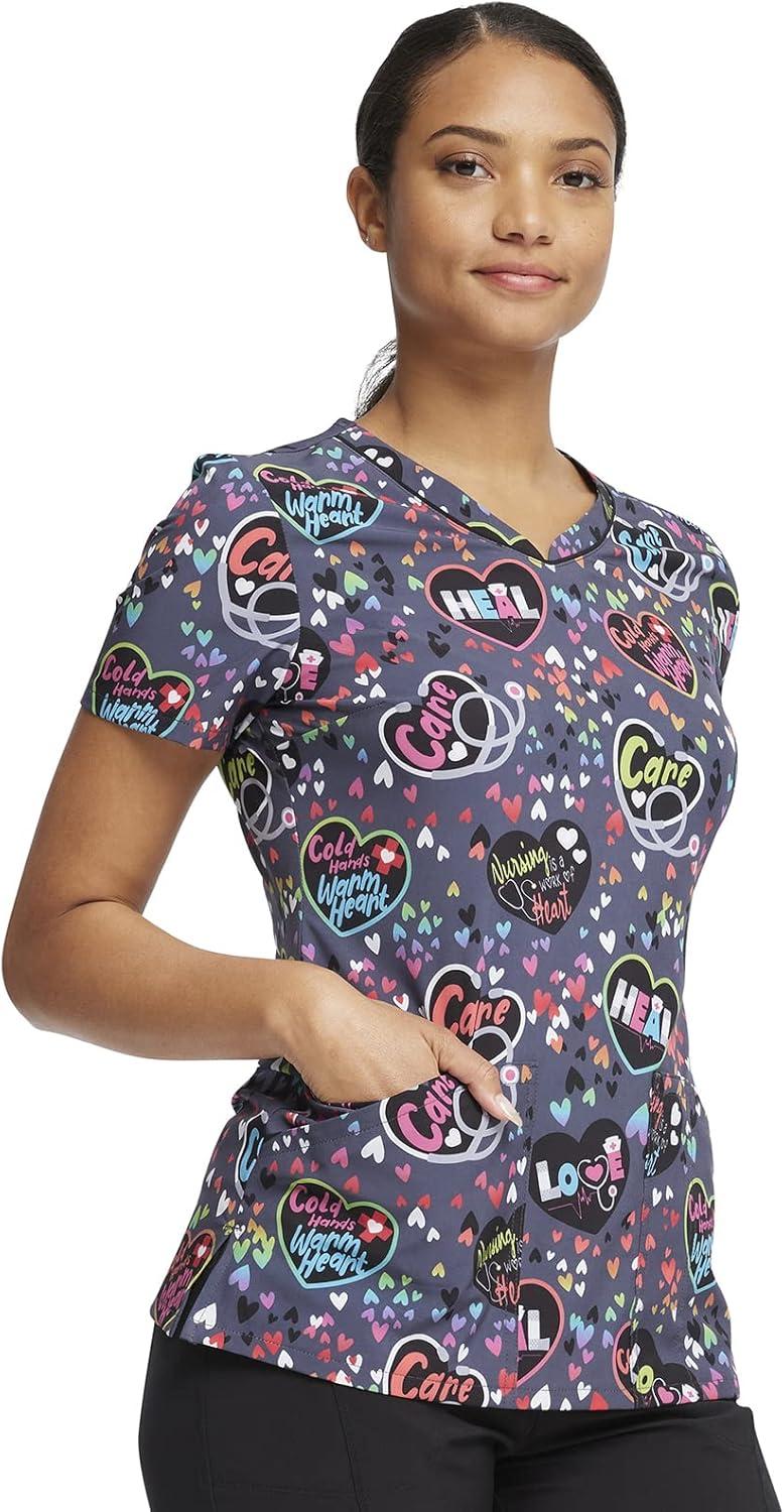 imageCherokee Scrubs for Women VNeck Printed Top Modern Classic Fit with 3 Pockets Knit Details amp Side Vents CK678Work of Heart