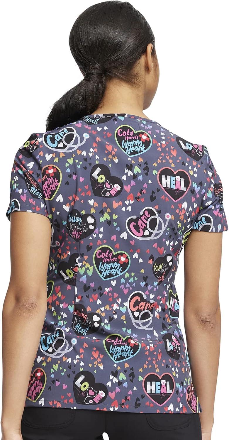 imageCherokee Scrubs for Women VNeck Printed Top Modern Classic Fit with 3 Pockets Knit Details amp Side Vents CK678Work of Heart