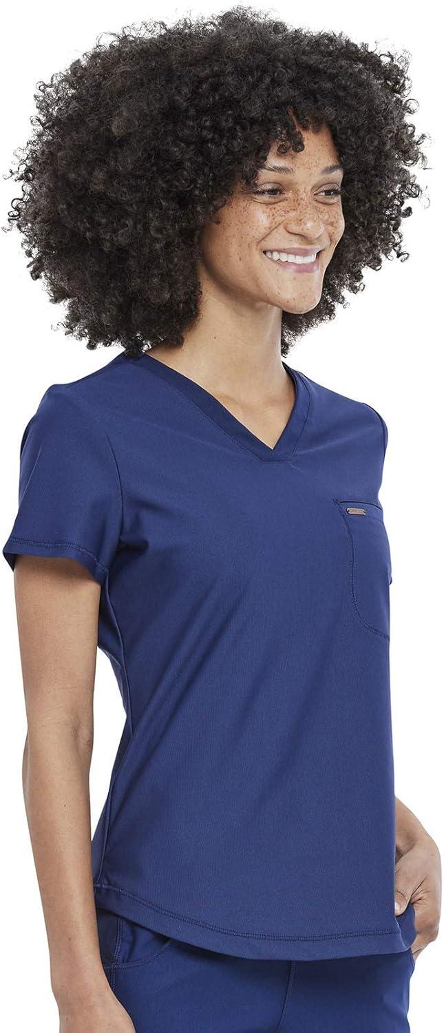 imageCherokee Scrubs for Women VNeck Top Tuckable Contemporary Fit Top Stretch Knit MoistureWicking Shirttail Hem CK819Navy