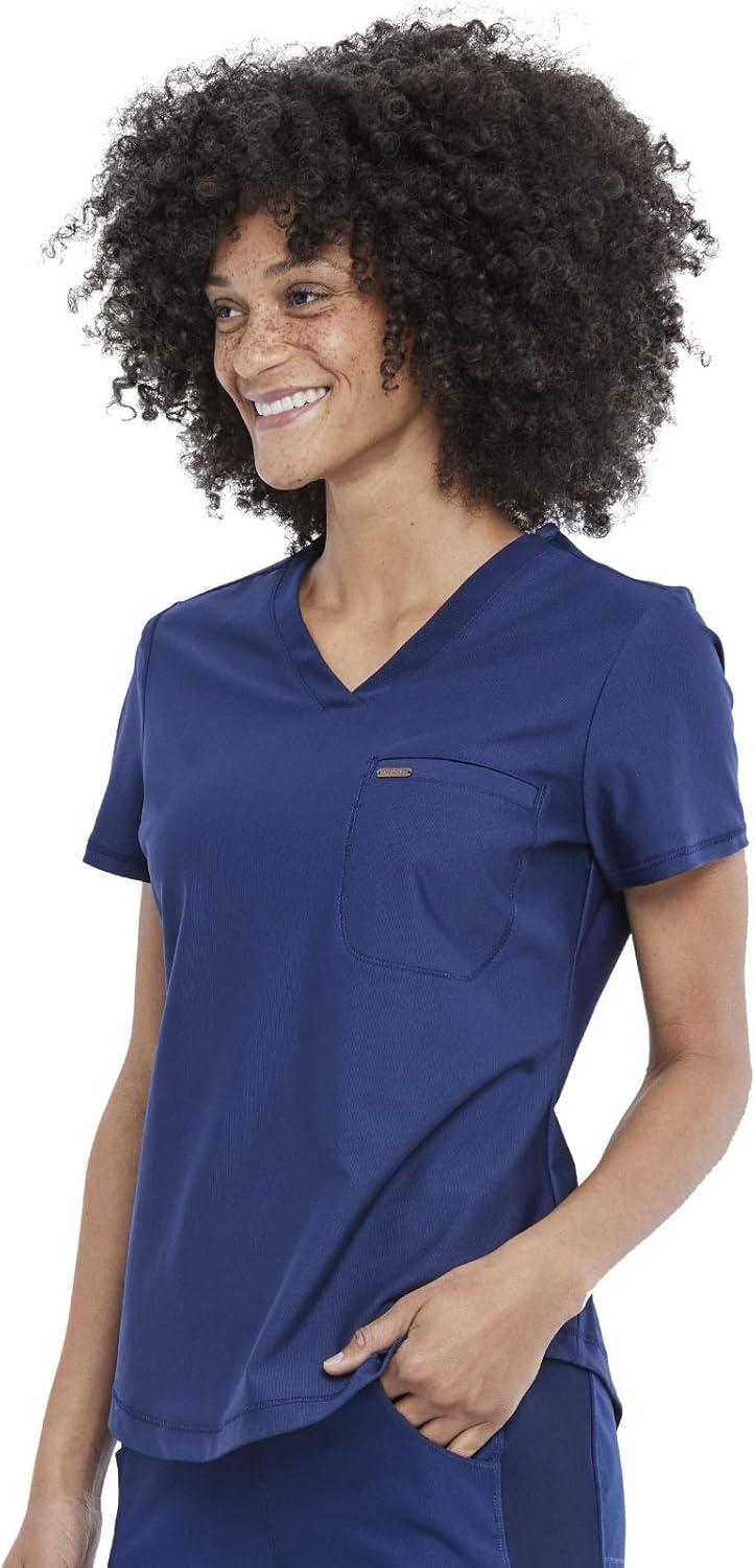 imageCherokee Scrubs for Women VNeck Top Tuckable Contemporary Fit Top Stretch Knit MoistureWicking Shirttail Hem CK819Navy