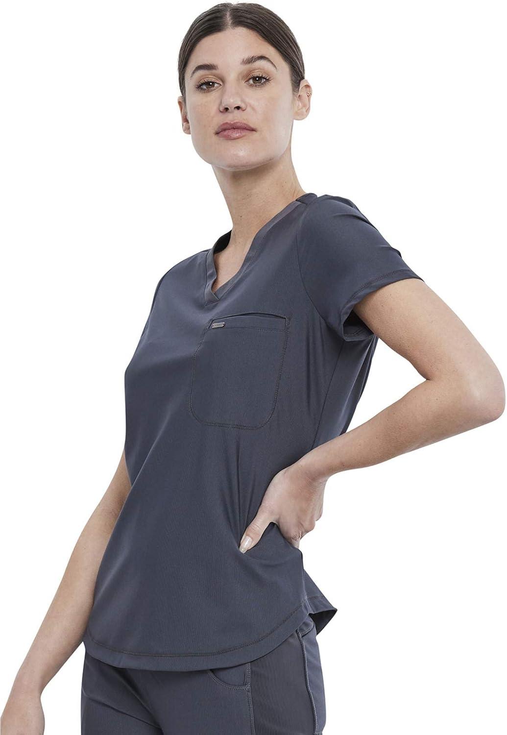 imageCherokee Scrubs for Women VNeck Top Tuckable Contemporary Fit Top Stretch Knit MoistureWicking Shirttail Hem CK819Pewter