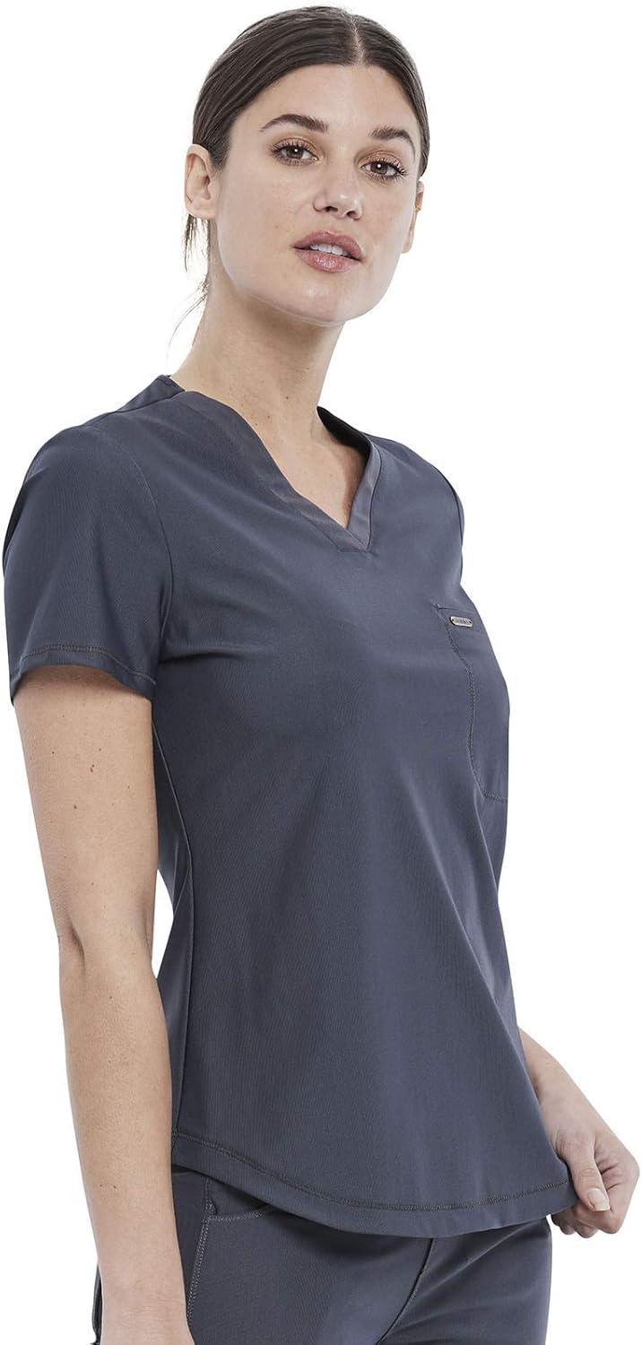imageCherokee Scrubs for Women VNeck Top Tuckable Contemporary Fit Top Stretch Knit MoistureWicking Shirttail Hem CK819Pewter