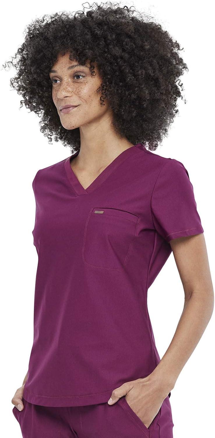 imageCherokee Scrubs for Women VNeck Top Tuckable Contemporary Fit Top Stretch Knit MoistureWicking Shirttail Hem CK819Wine