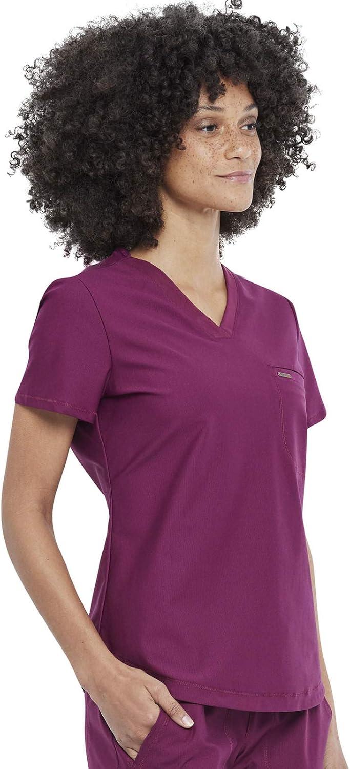 imageCherokee Scrubs for Women VNeck Top Tuckable Contemporary Fit Top Stretch Knit MoistureWicking Shirttail Hem CK819Wine