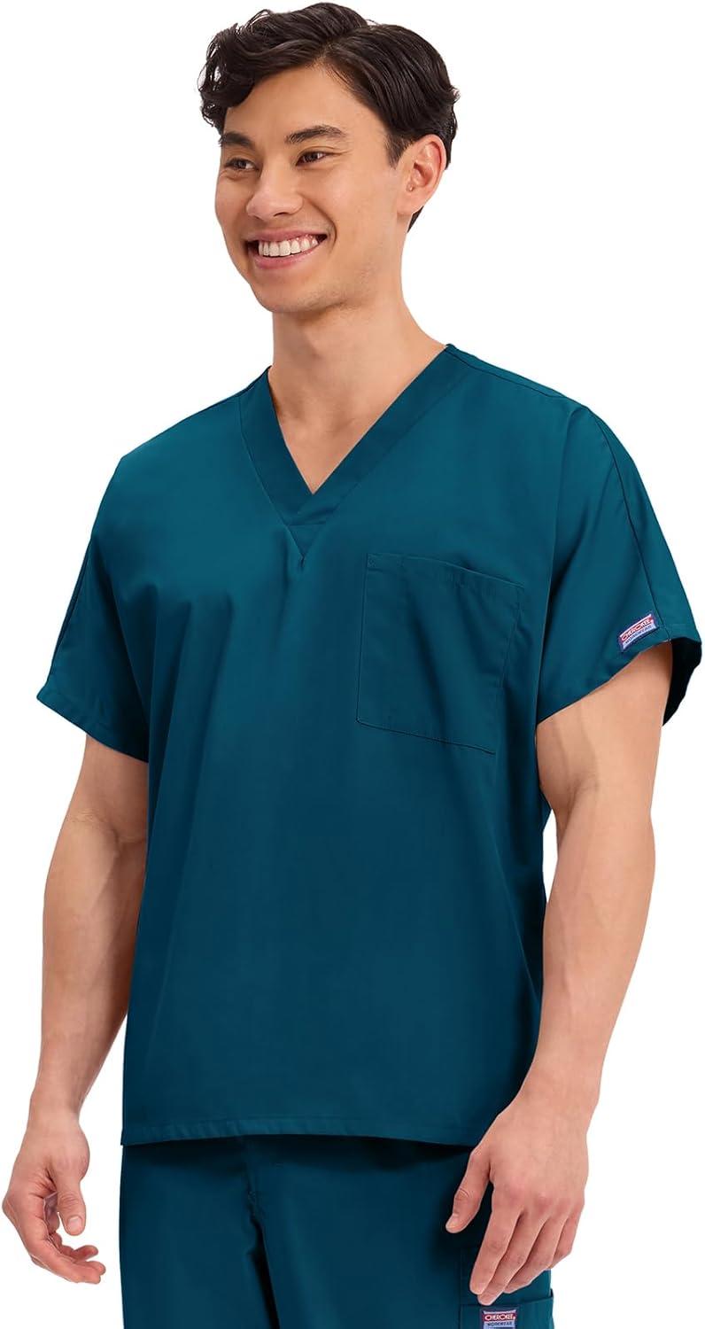 imageCherokee Scrubs for Women and Men Unisex VNeck Tunic Nursing Scrub Top with Chest Pocket Tuckable Durable Fabric 4777Caribbean Blue