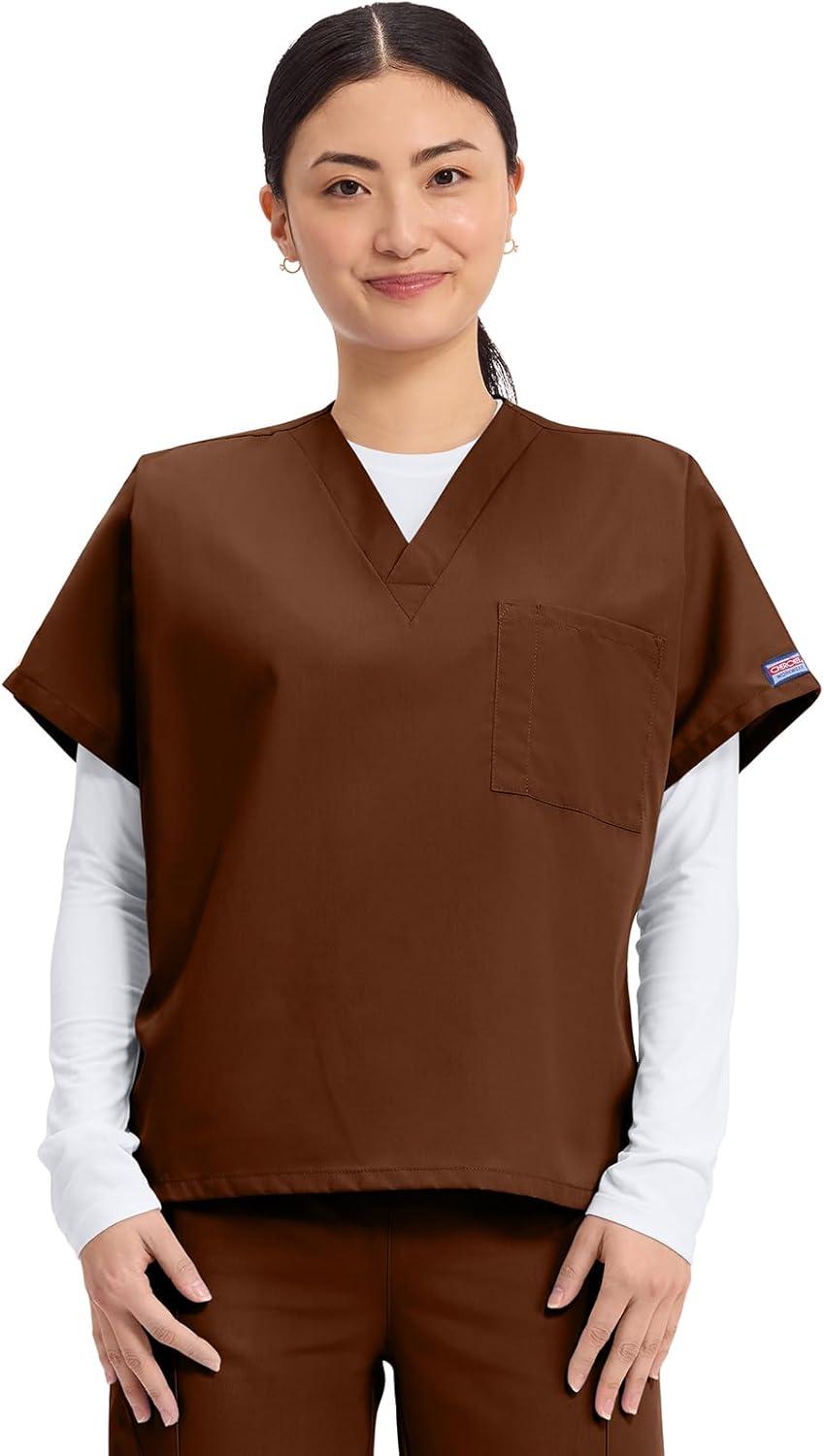 imageCherokee Scrubs for Women and Men Unisex VNeck Tunic Nursing Scrub Top with Chest Pocket Tuckable Durable Fabric 4777Chocolate