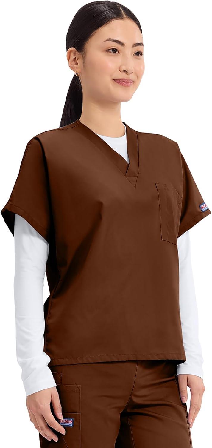 imageCherokee Scrubs for Women and Men Unisex VNeck Tunic Nursing Scrub Top with Chest Pocket Tuckable Durable Fabric 4777Chocolate