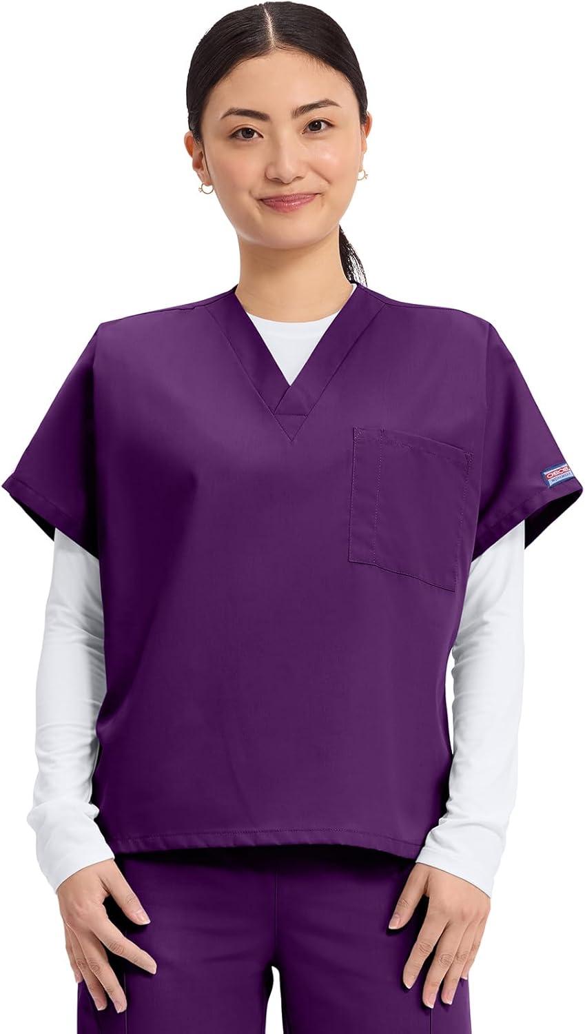 imageCherokee Scrubs for Women and Men Unisex VNeck Tunic Nursing Scrub Top with Chest Pocket Tuckable Durable Fabric 4777Eggplant