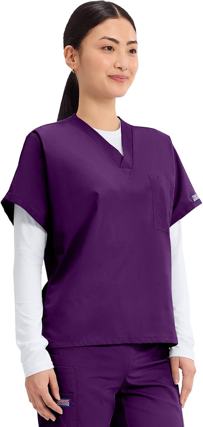 imageCherokee Scrubs for Women and Men Unisex VNeck Tunic Nursing Scrub Top with Chest Pocket Tuckable Durable Fabric 4777Eggplant