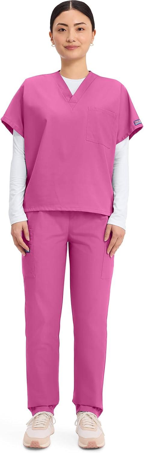 imageCherokee Scrubs for Women and Men Unisex VNeck Tunic Nursing Scrub Top with Chest Pocket Tuckable Durable Fabric 4777Shocking Pink