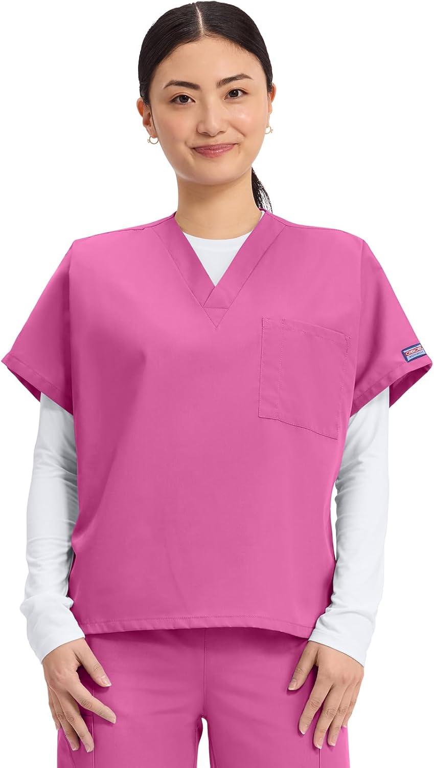 imageCherokee Scrubs for Women and Men Unisex VNeck Tunic Nursing Scrub Top with Chest Pocket Tuckable Durable Fabric 4777Shocking Pink