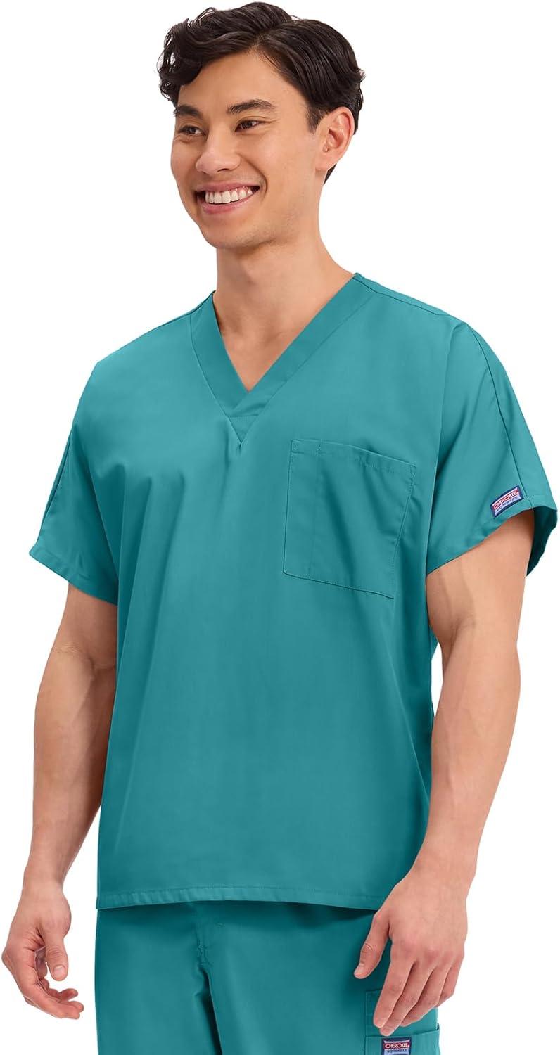 imageCherokee Scrubs for Women and Men Unisex VNeck Tunic Nursing Scrub Top with Chest Pocket Tuckable Durable Fabric 4777Teal Blue